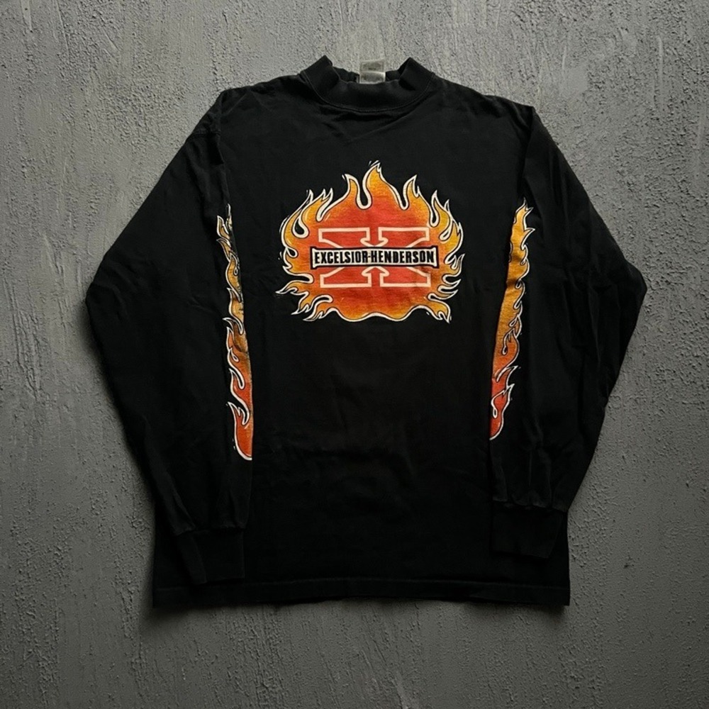 Vintage Excelsior Henderson‎ Long Sleeve Shirt Large Black 1990s Biker Flame